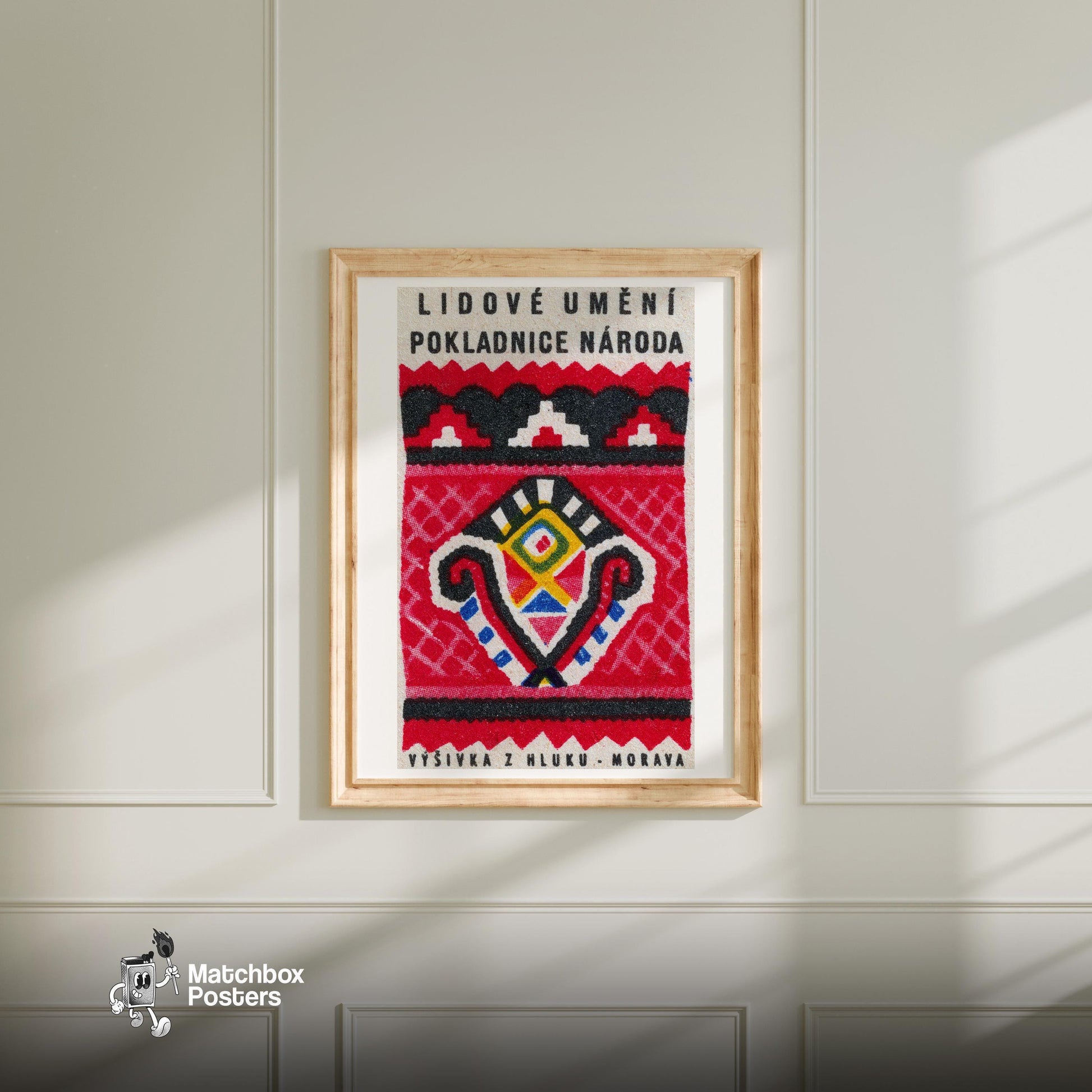 Red Folk Pattern - vintage matchbox label print - bedroom mockup