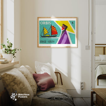 Sailboat - vintage matchbox label print - living room mockup