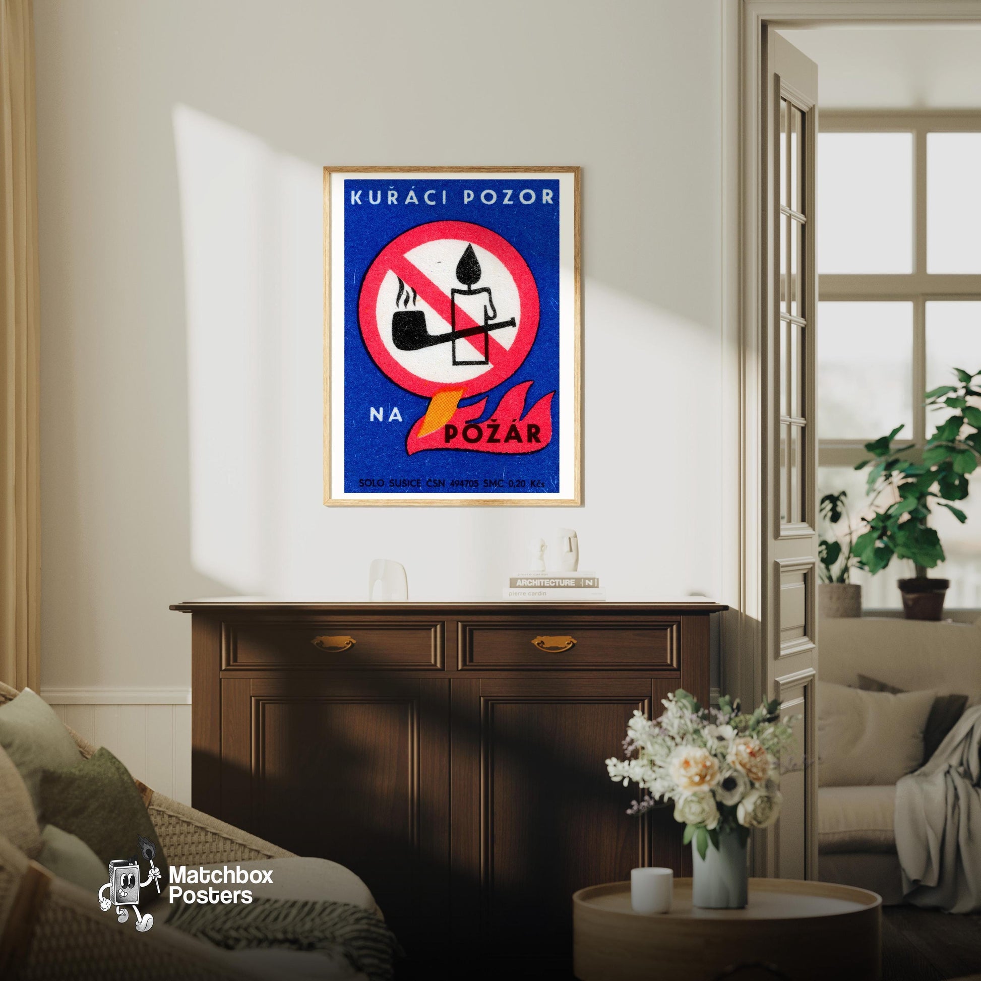 No Pipes or Candles - vintage matchbox label print - living room mockup
