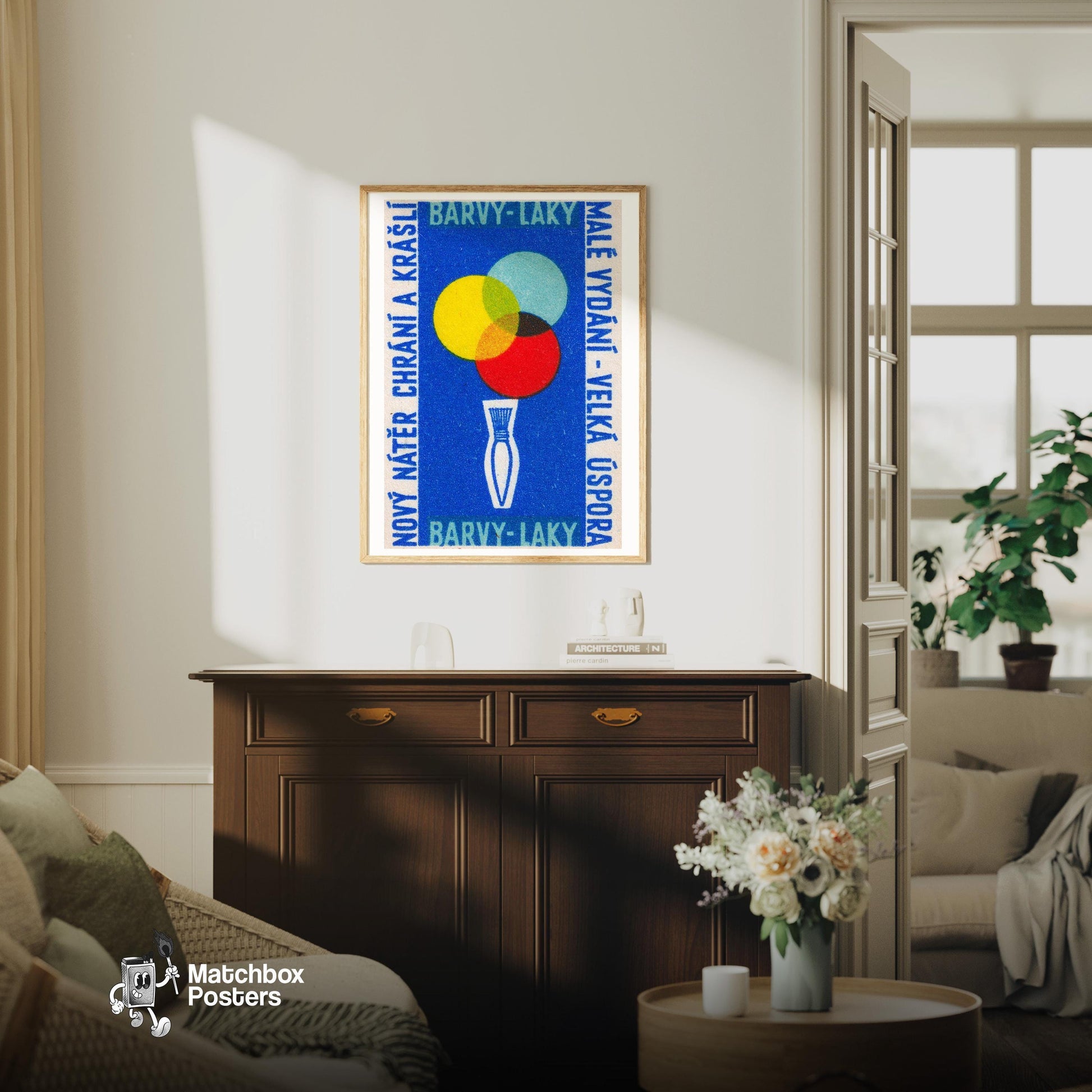 Paintbrush - vintage matchbox label print - living room mockup