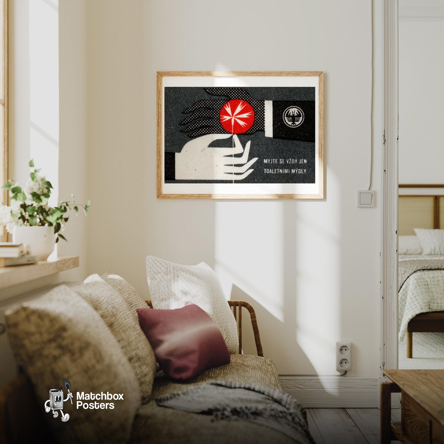 Two Hands - vintage matchbox label print - living room mockup