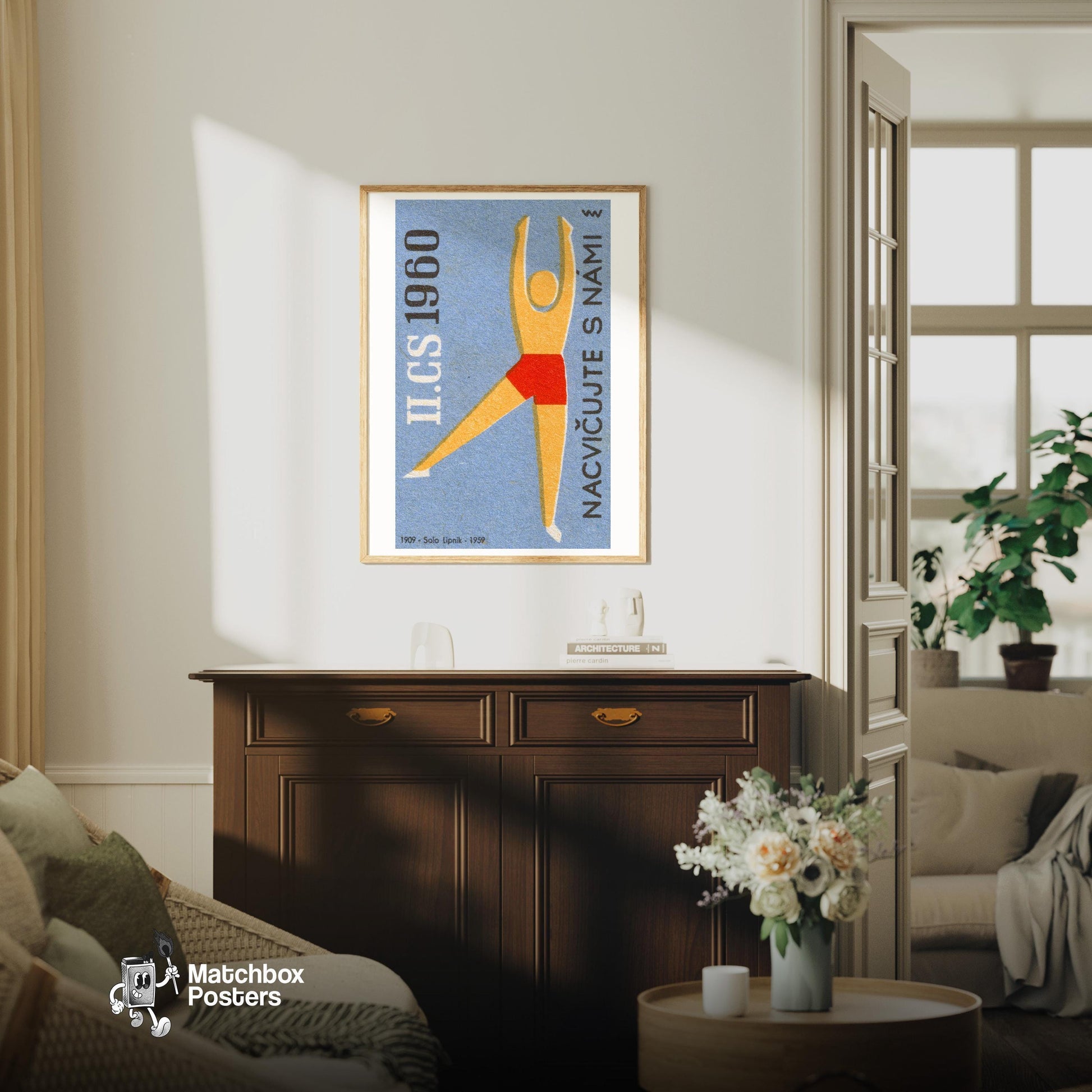 Gymnast - vintage matchbox label print - living room mockup