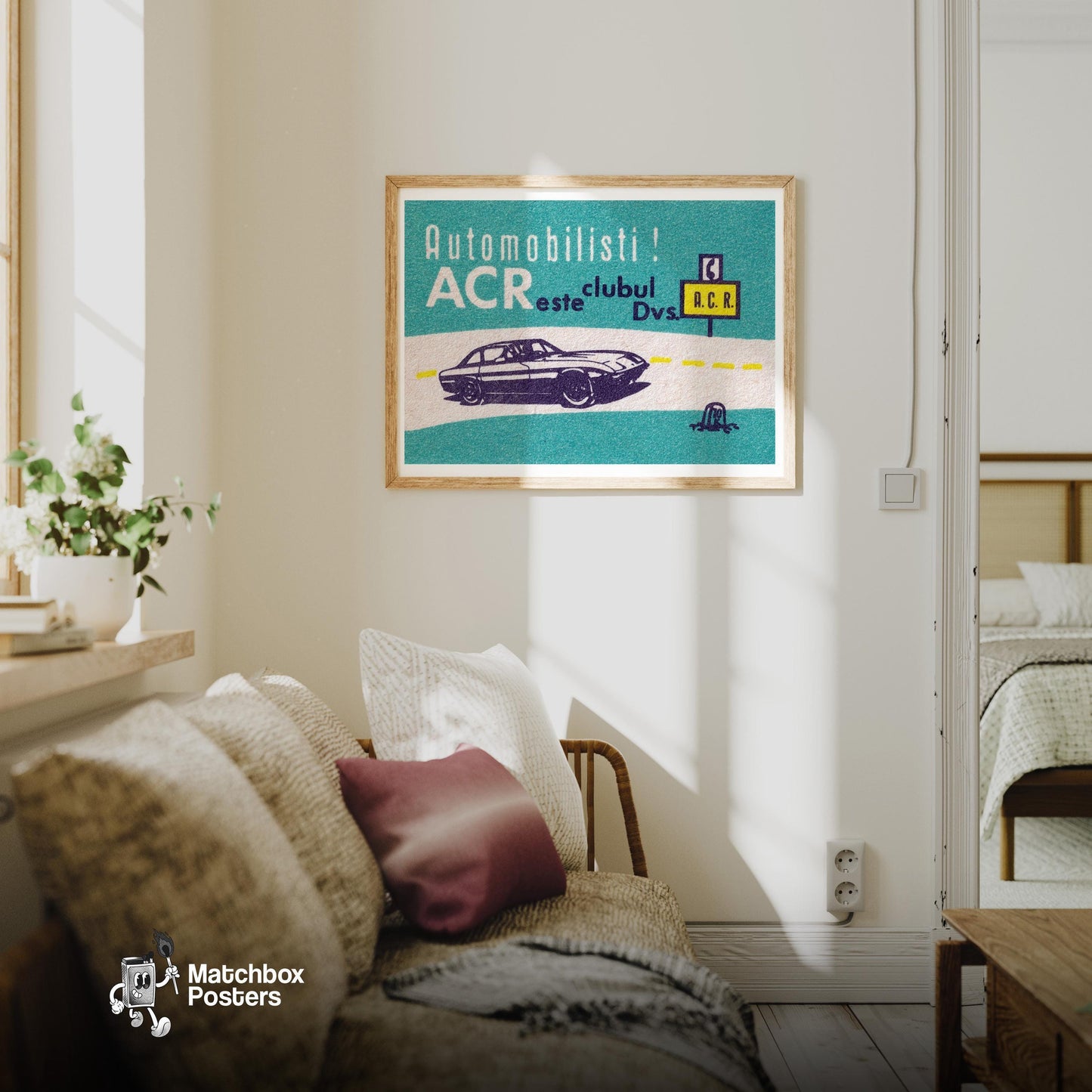 Illustration Of A Car Romania - vintage matchbox label print - living room mockup