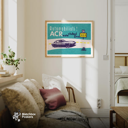 Illustration Of A Car Romania - vintage matchbox label print - living room mockup