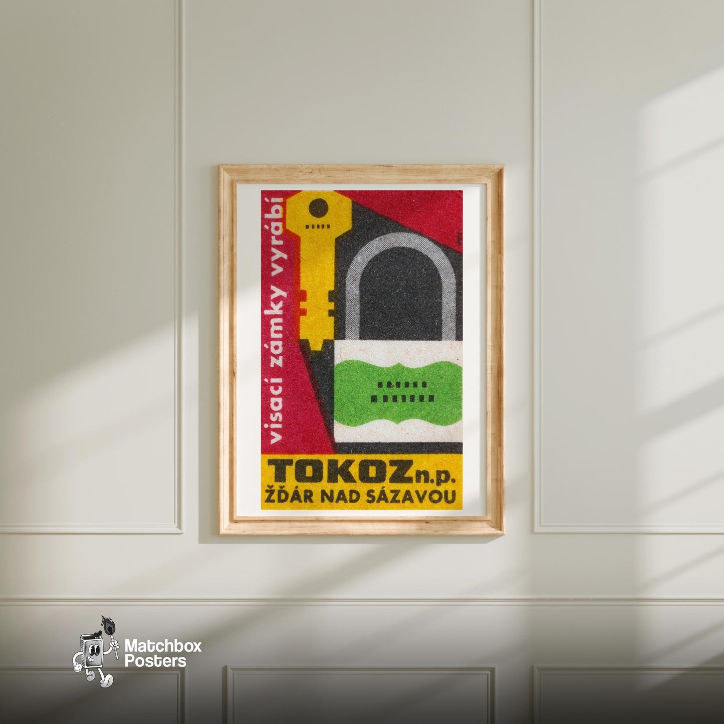 Key and Lock - vintage matchbox label print - living room mockup