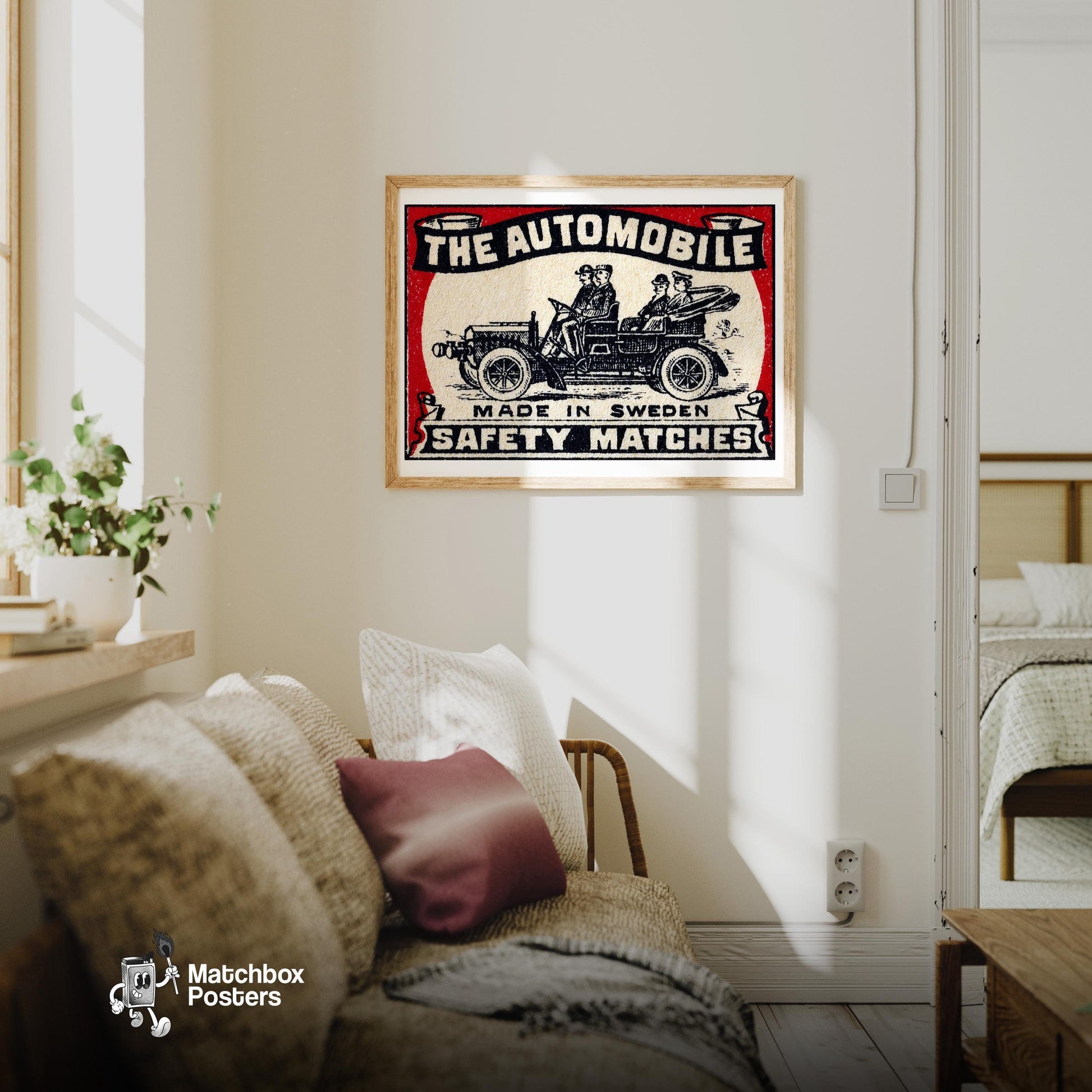 The Automobile - vintage matchbox label print - living room mockup