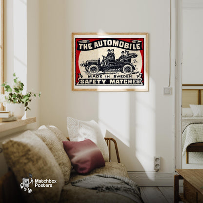 The Automobile - vintage matchbox label print - living room mockup