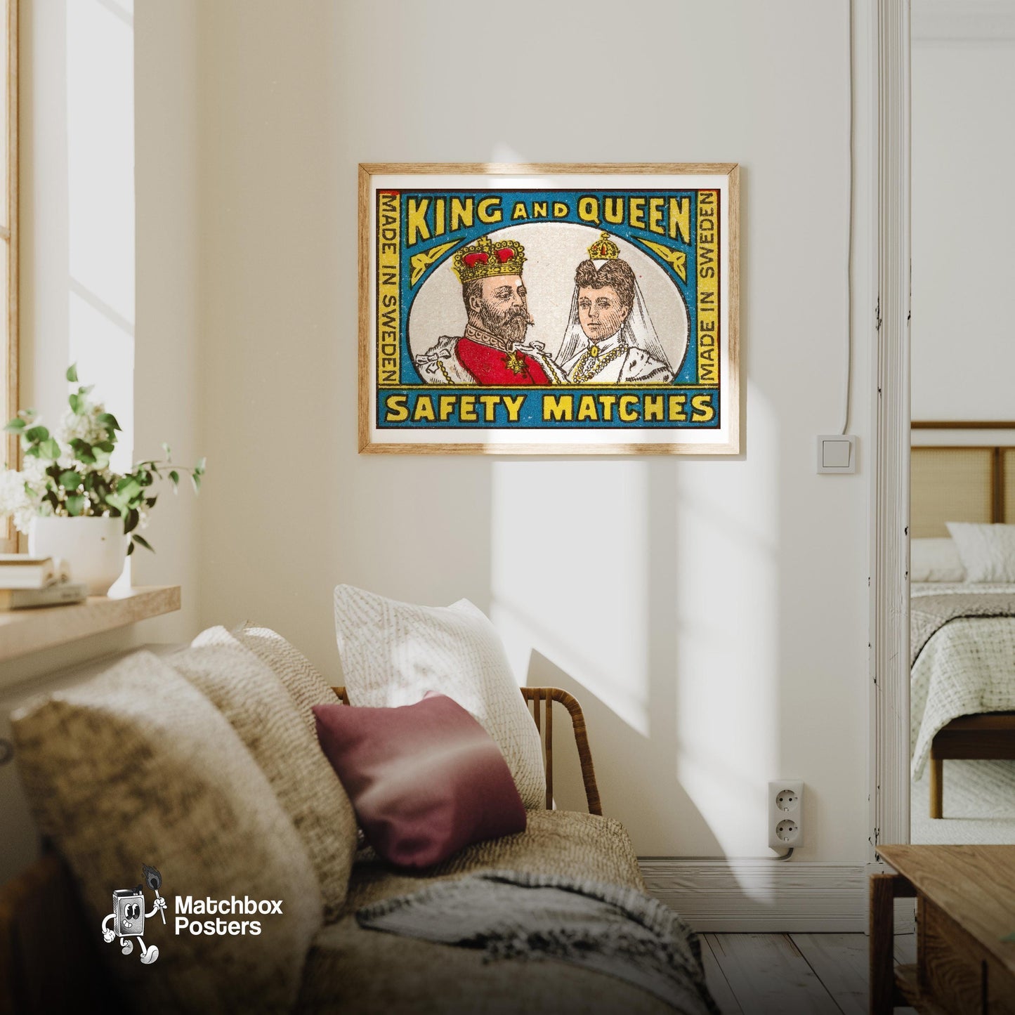 King and Queen - vintage matchbox label print - living room mockup