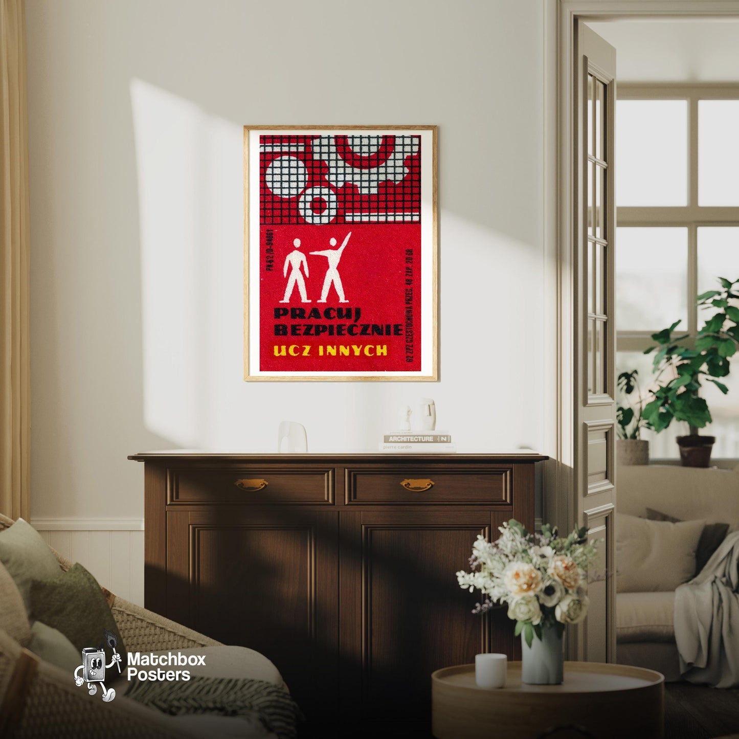 Industrial Worker - vintage matchbox label print - living room mockup