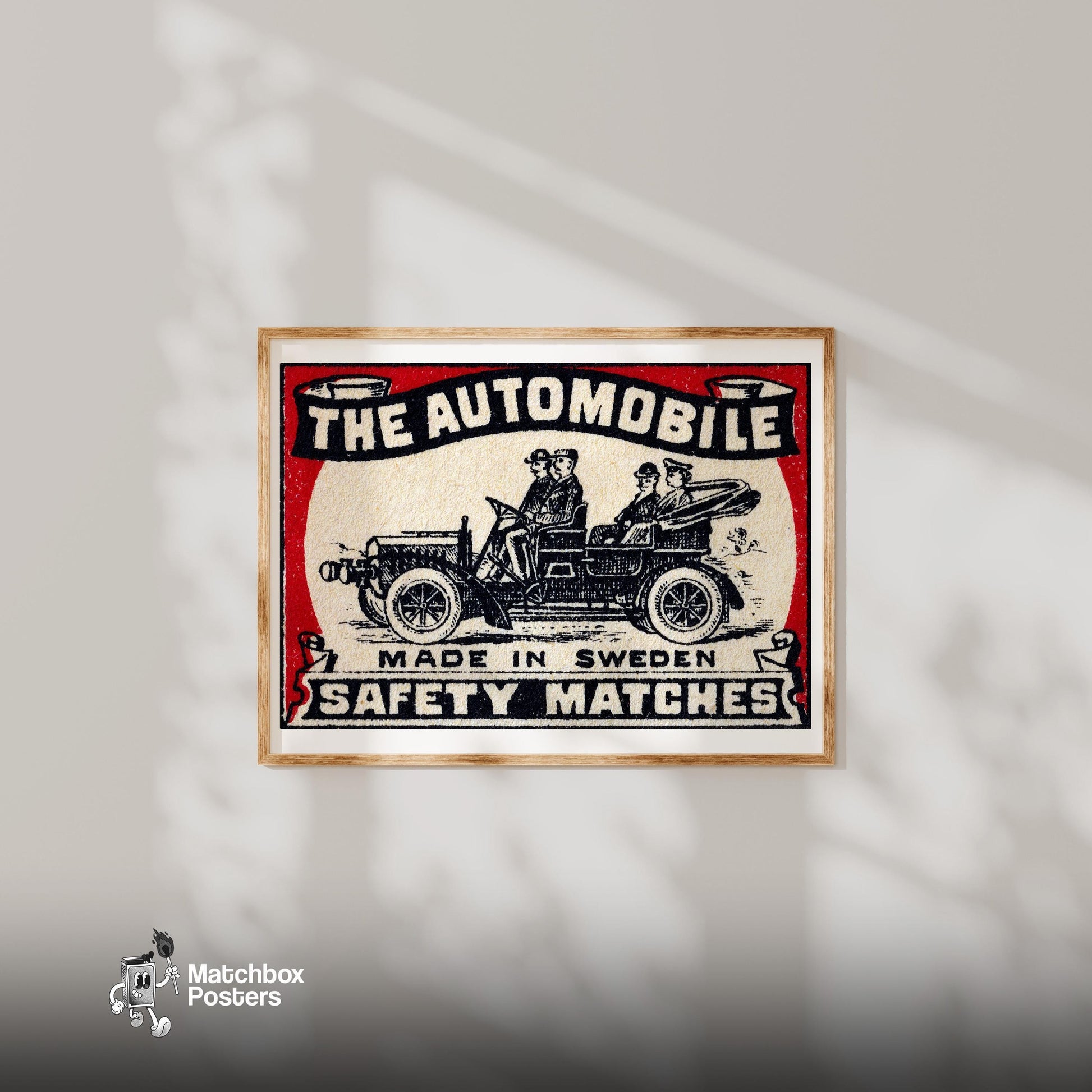 The Automobile - vintage matchbox label print - bedroom mockup