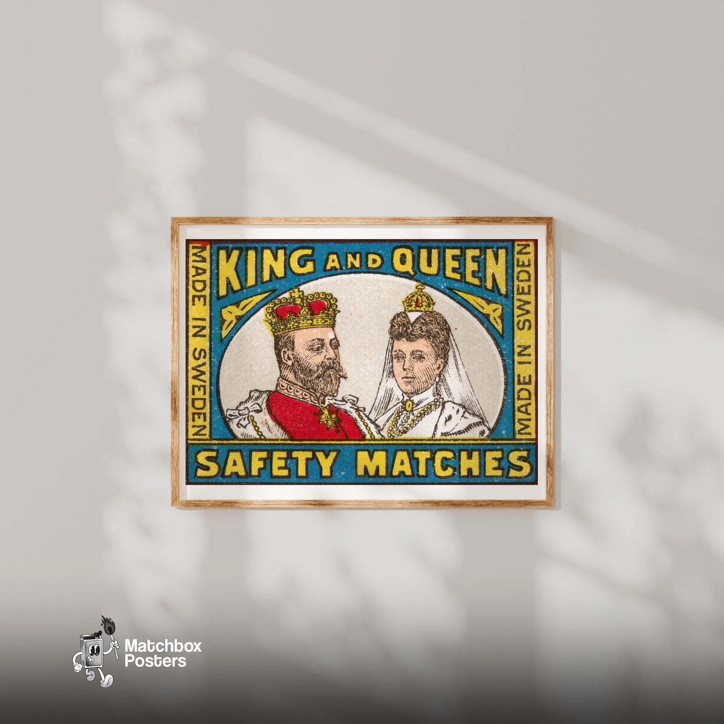 King and Queen - vintage matchbox label print - bedroom mockup