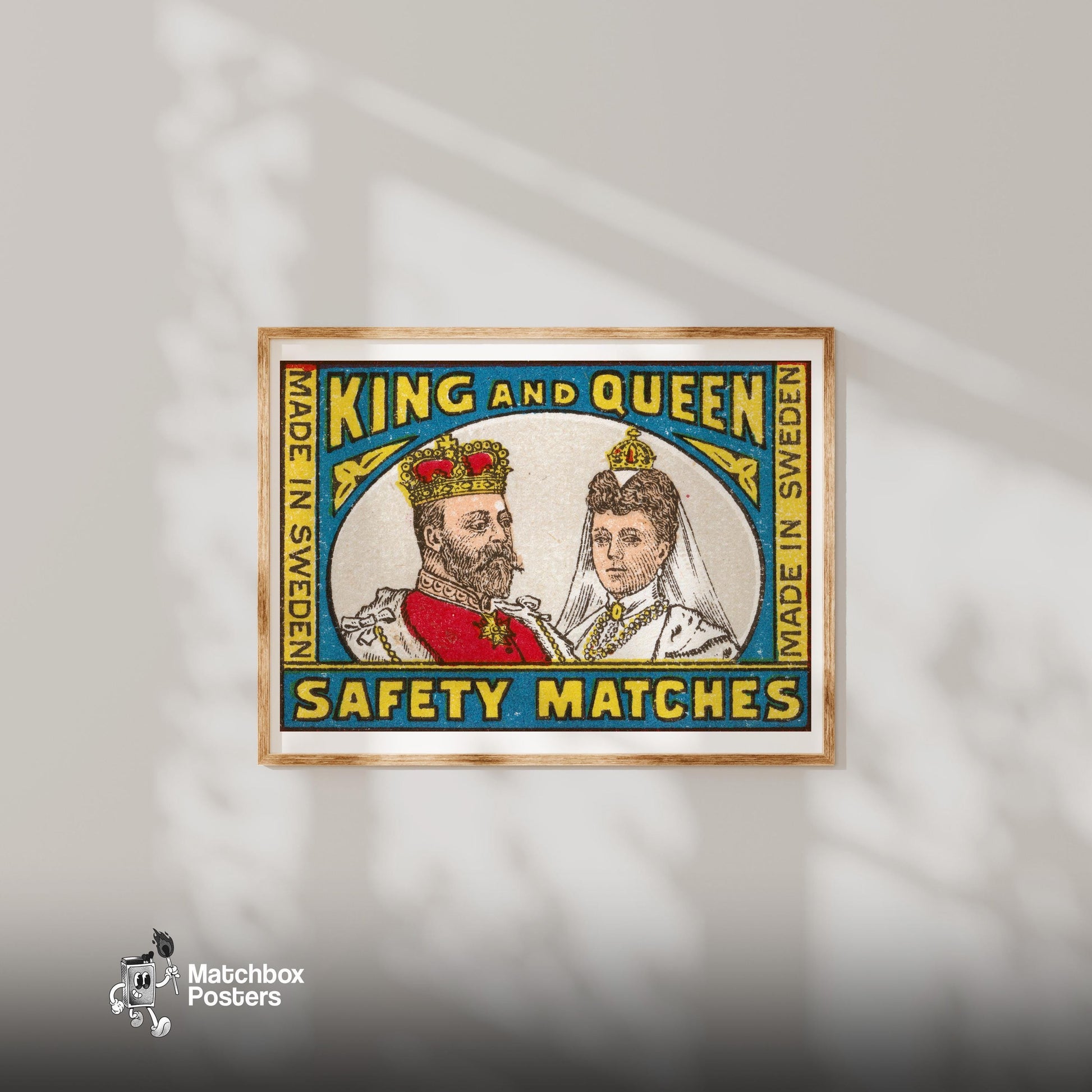 King and Queen - vintage matchbox label print - bedroom mockup