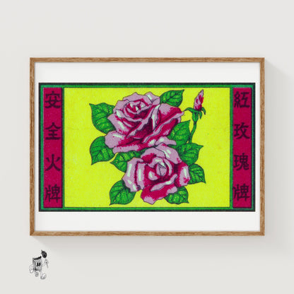 Pink Roses - vintage matchbox label print