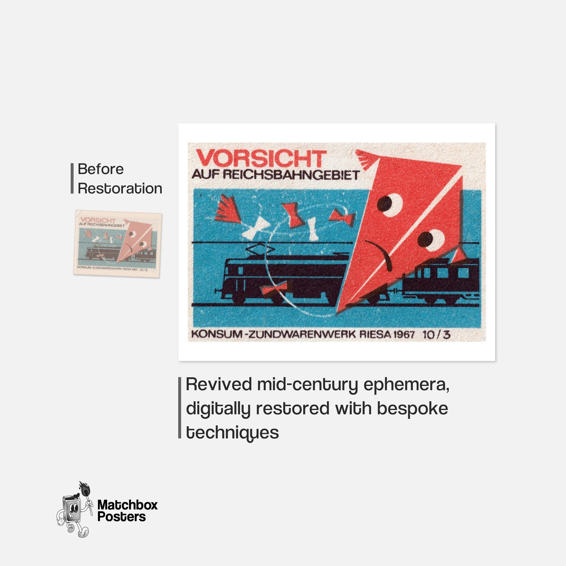 Kite Over Train Tracks - vintage matchbox label print - framed wall art preview