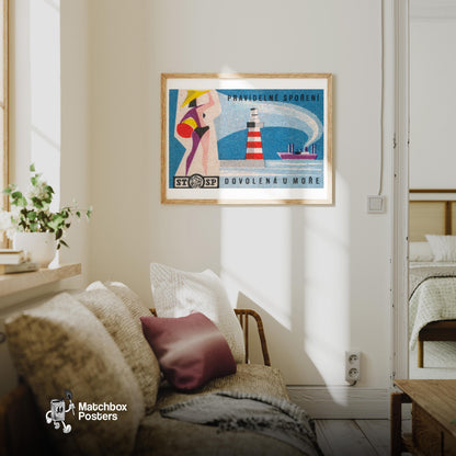 Woman by the Seaside - vintage matchbox label print - living room mockup