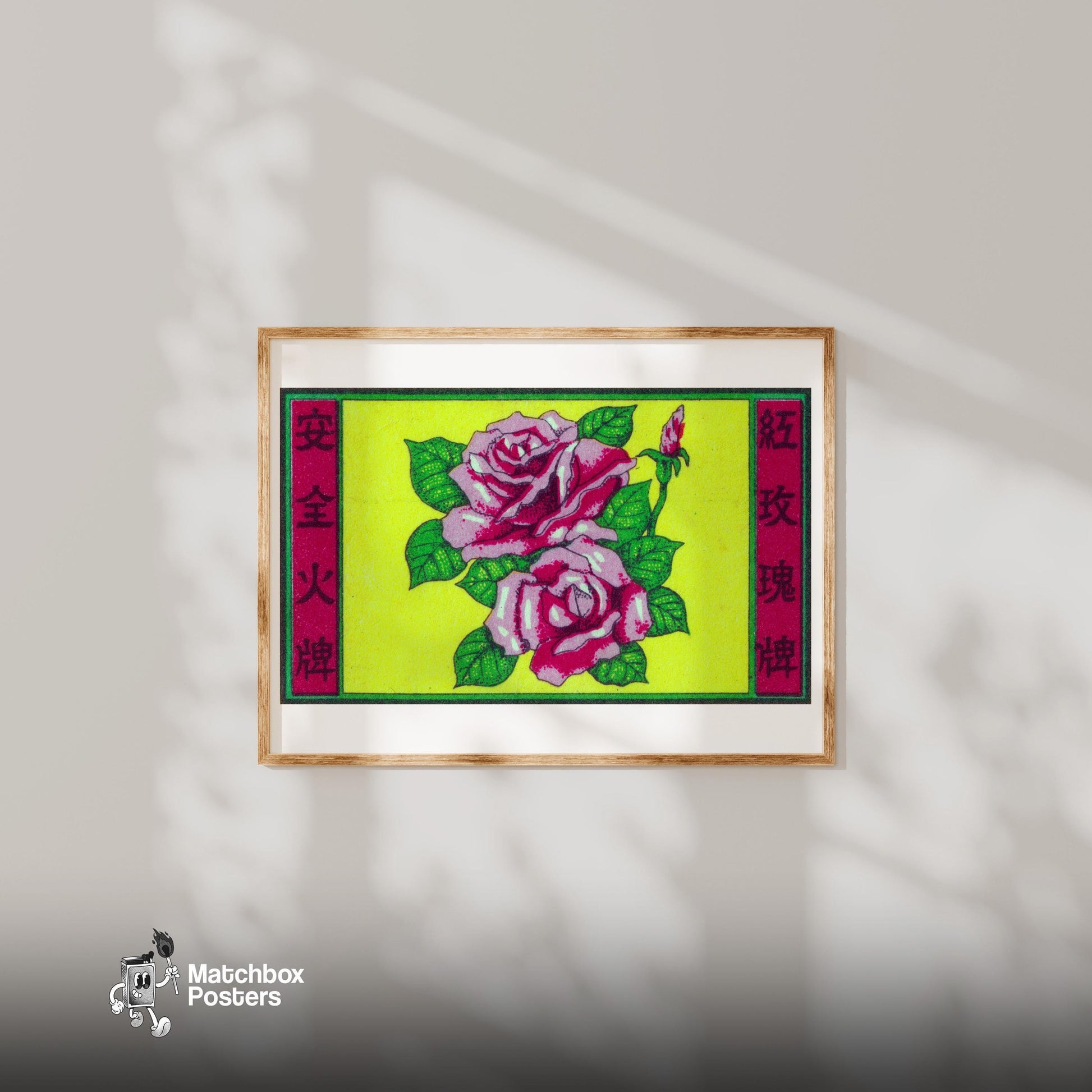 Pink Roses - vintage matchbox label print - bedroom mockup