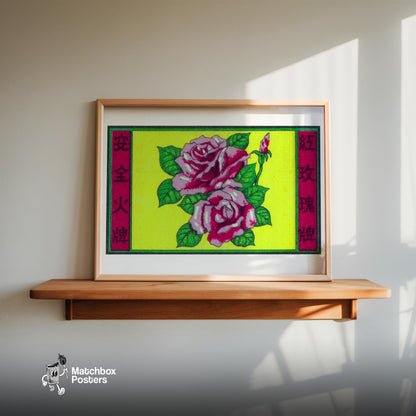 Pink Roses - vintage matchbox label print - size comparison