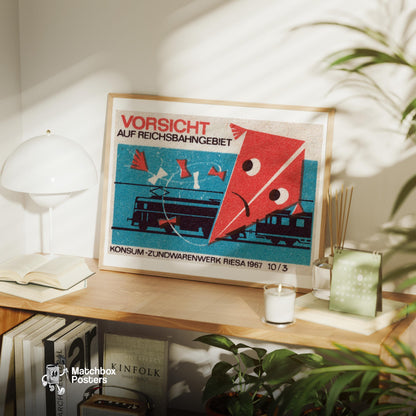 Kite Over Train Tracks - vintage matchbox label print - office wall