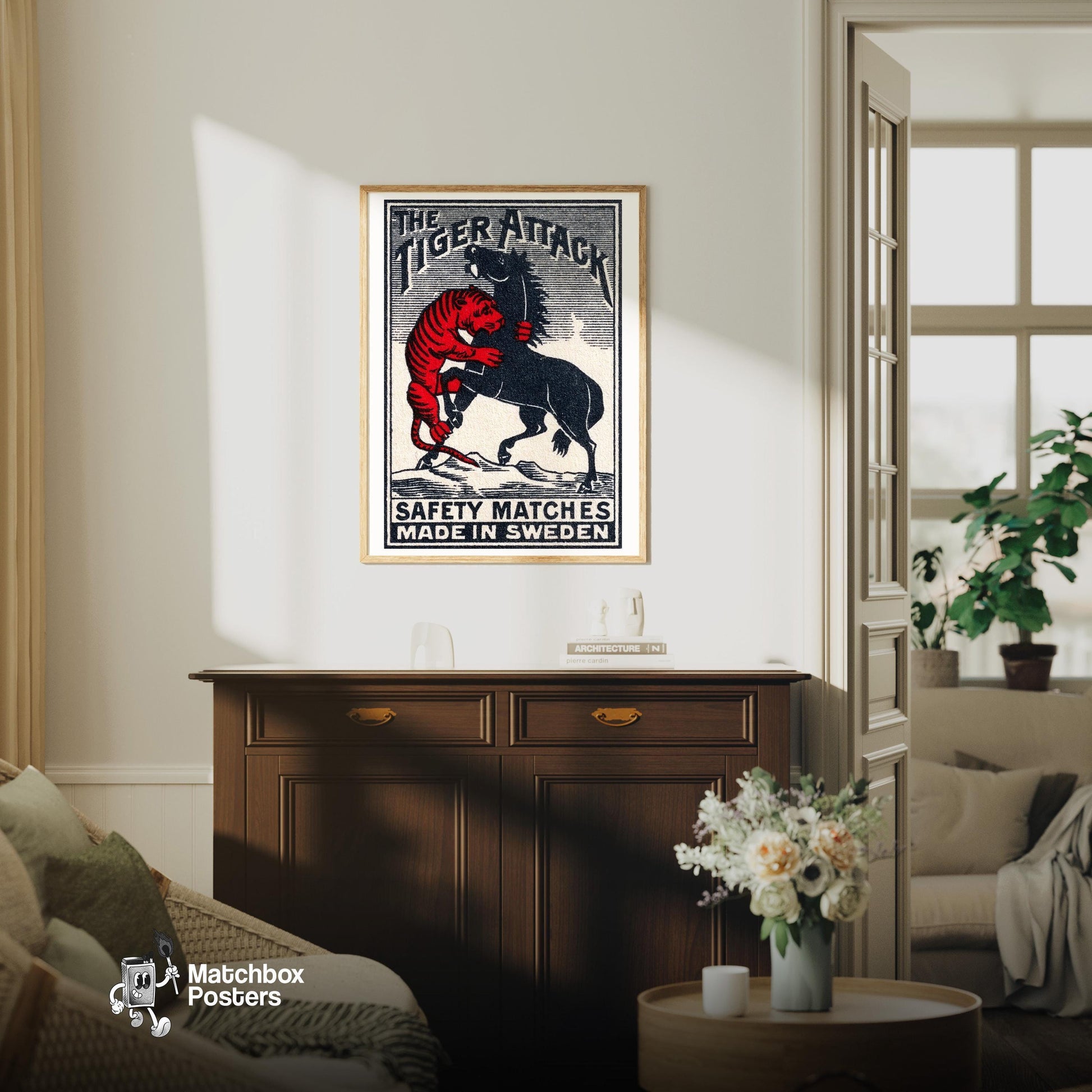 Tiger Attacking Horse - vintage matchbox label print - living room mockup