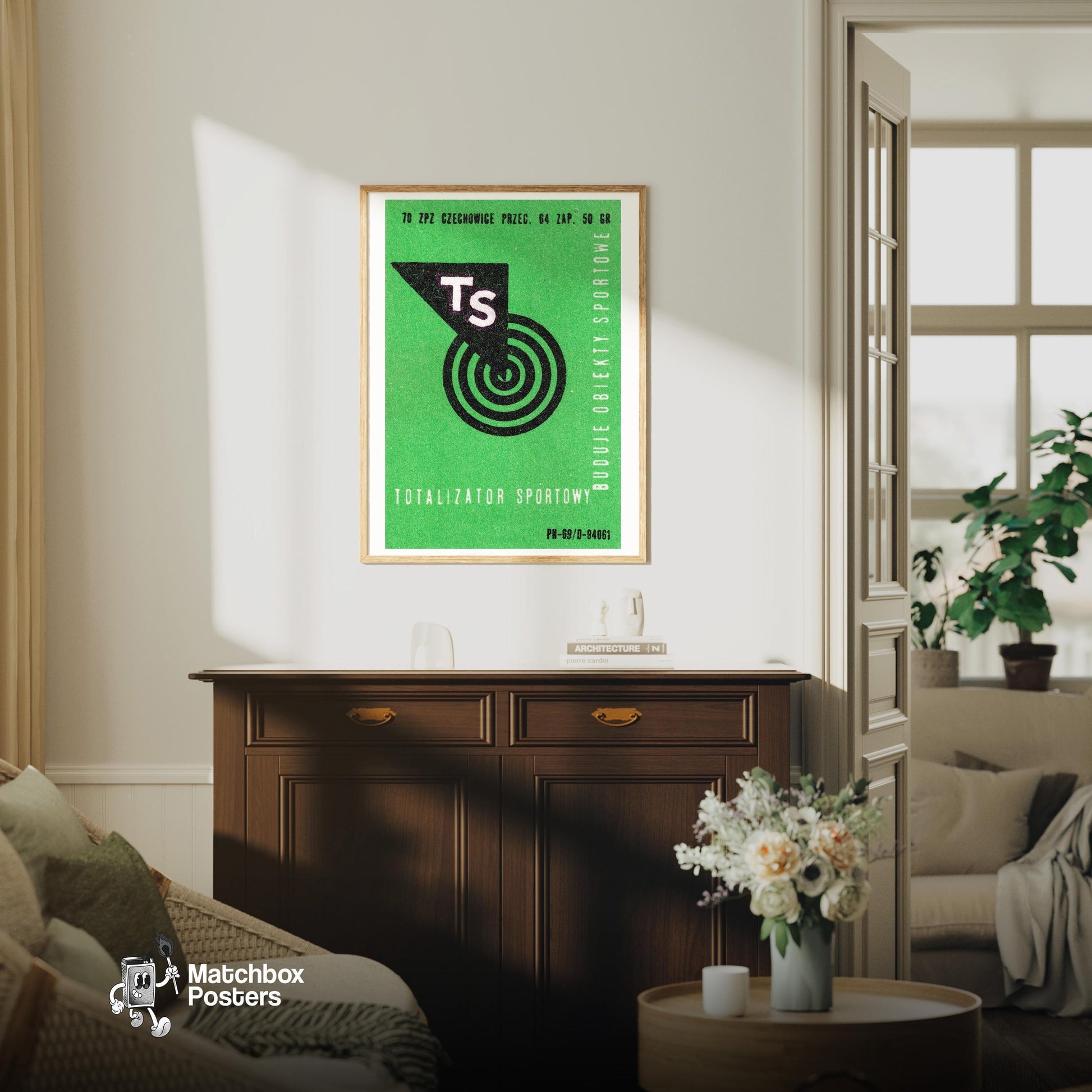 Sport Facility Builder - vintage matchbox label print - living room mockup