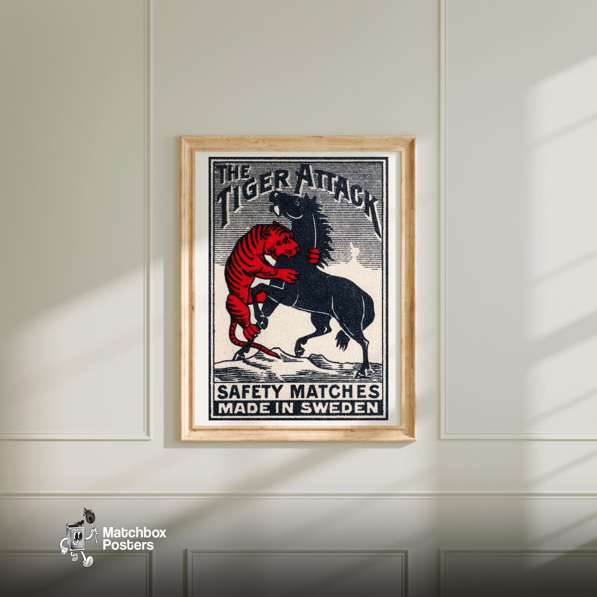 Tiger Attacking Horse - vintage matchbox label print - bedroom mockup