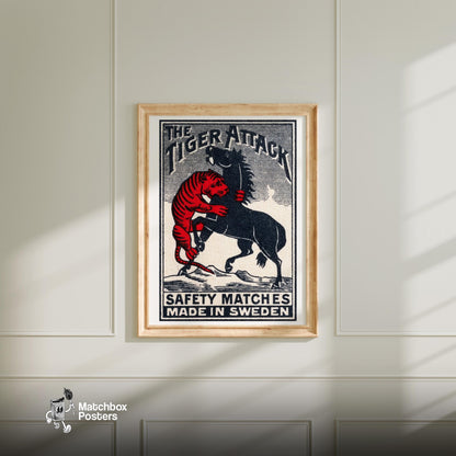 Tiger Attacking Horse - vintage matchbox label print - bedroom mockup