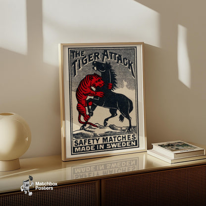 Tiger Attacking Horse - vintage matchbox label print - size comparison