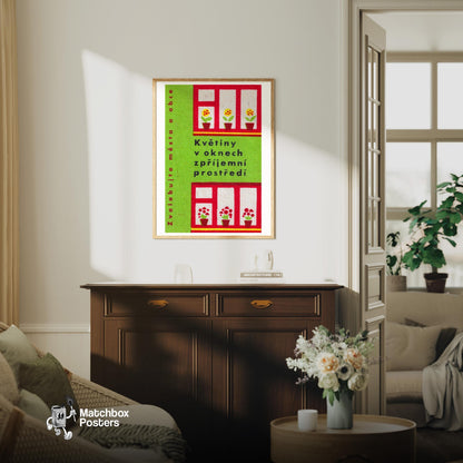 Potted Flowers - vintage matchbox label print - living room mockup