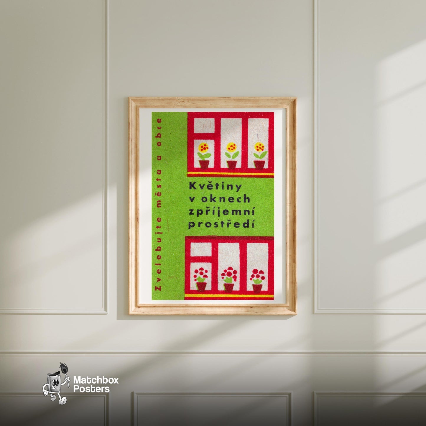 Potted Flowers - vintage matchbox label print - bedroom mockup