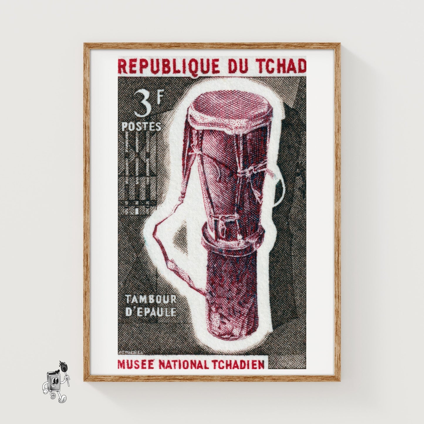 Illustration Of A Traditional Drum Republique du Tchad - vintage matchbox label print