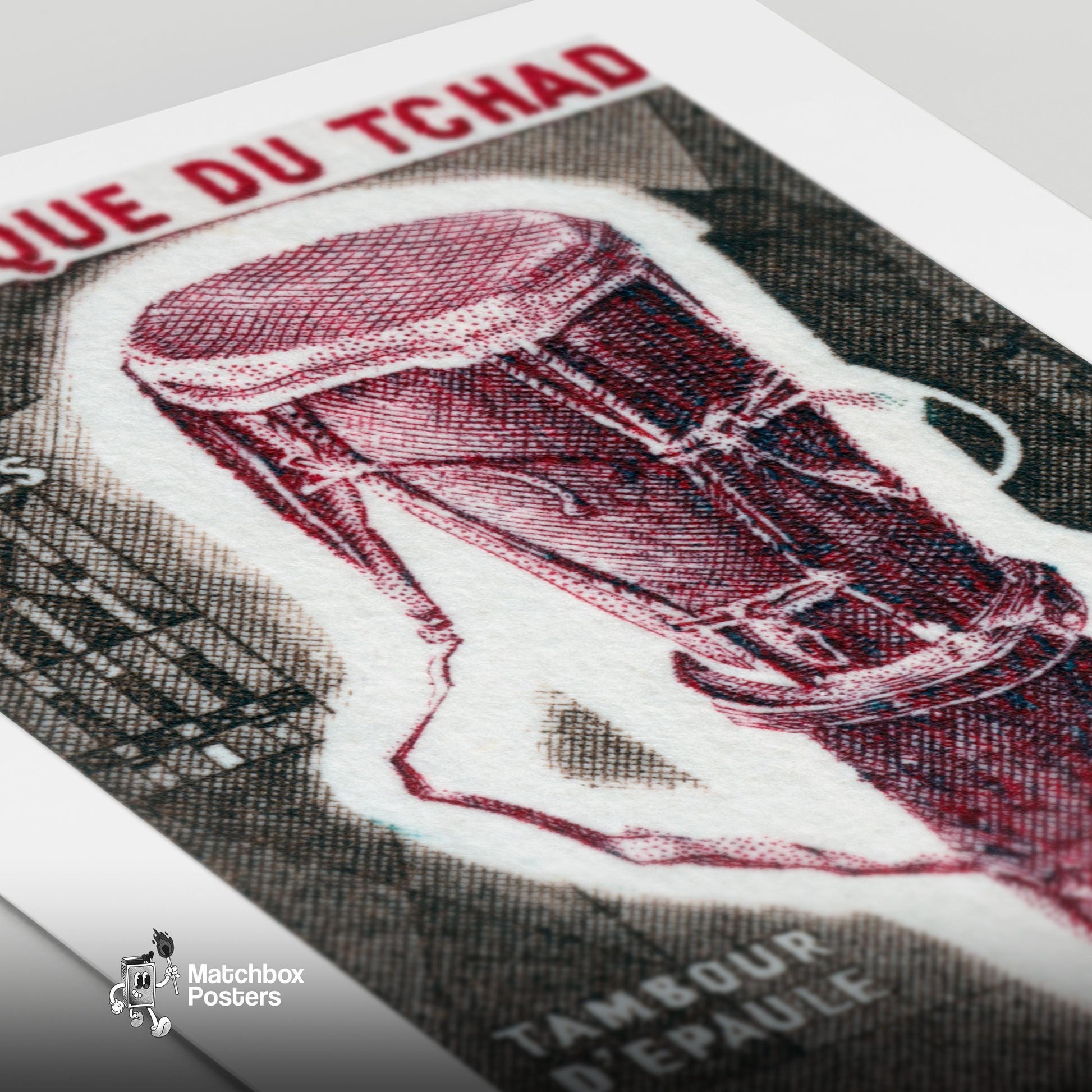 Illustration Of A Traditional Drum Republique du Tchad - vintage matchbox label print - close-up detail