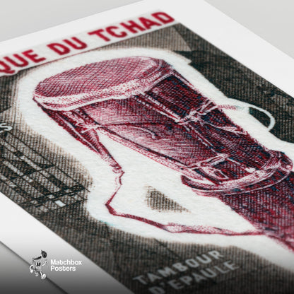 Illustration Of A Traditional Drum Republique du Tchad - vintage matchbox label print - close-up detail