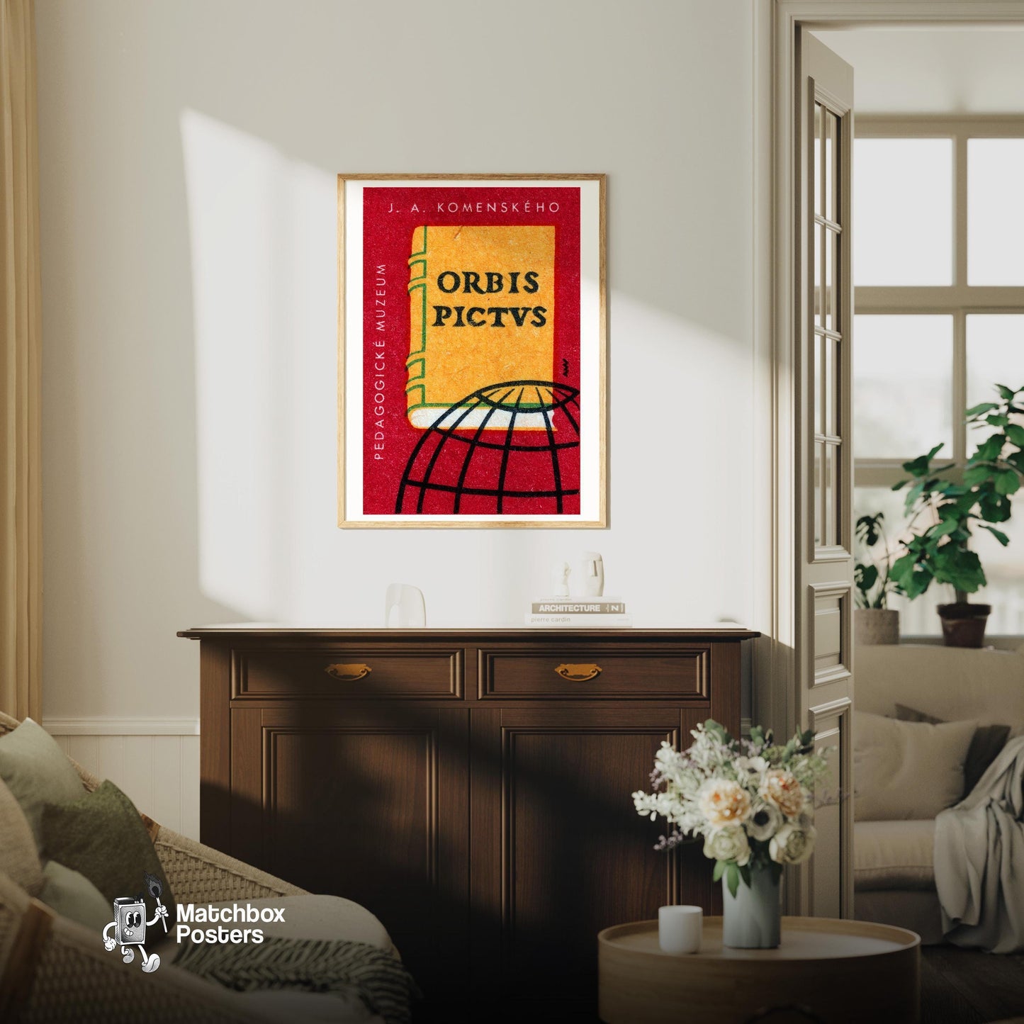 Pedagogicke Museum - vintage matchbox label print - living room mockup