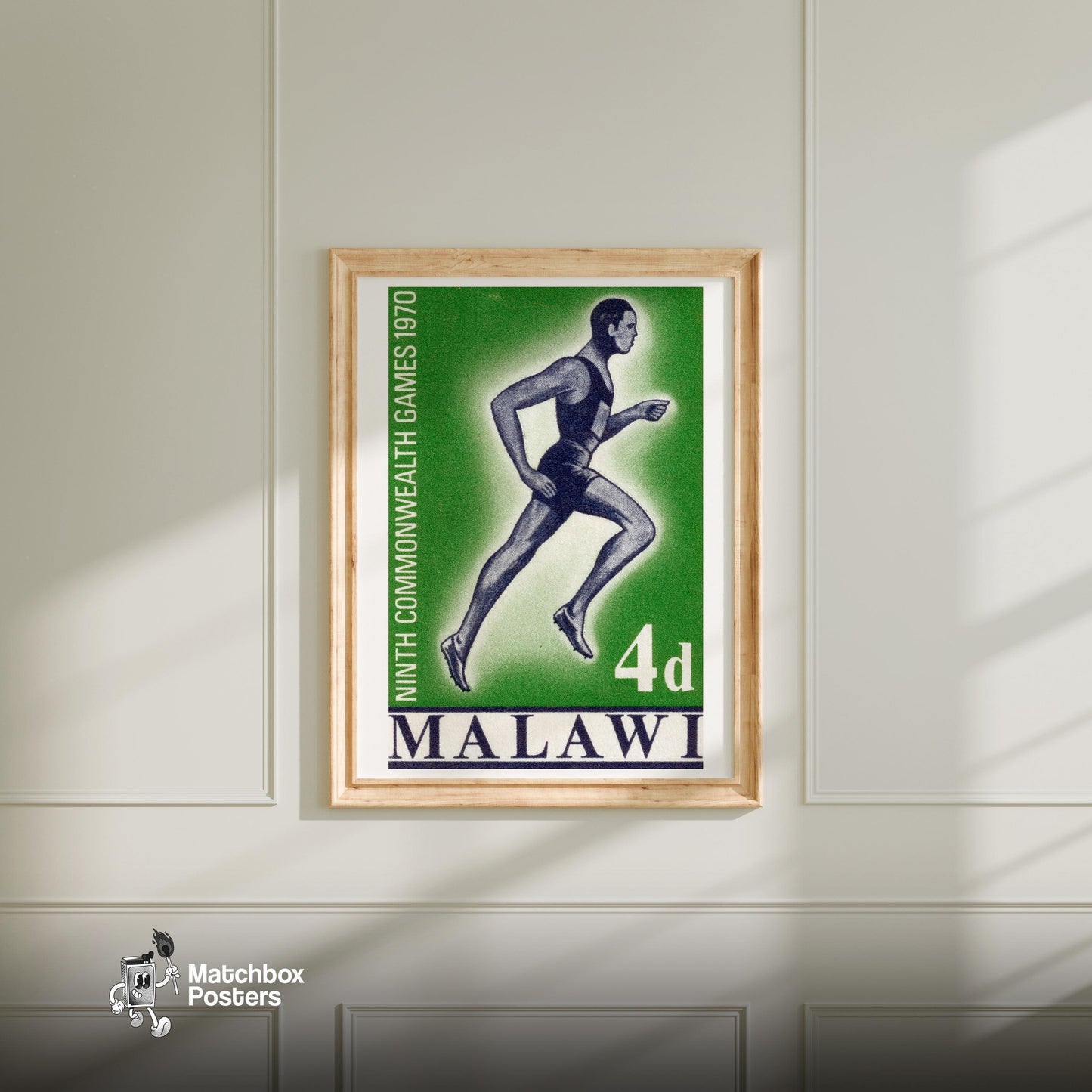 Running Athlete - vintage matchbox label print - bedroom mockup