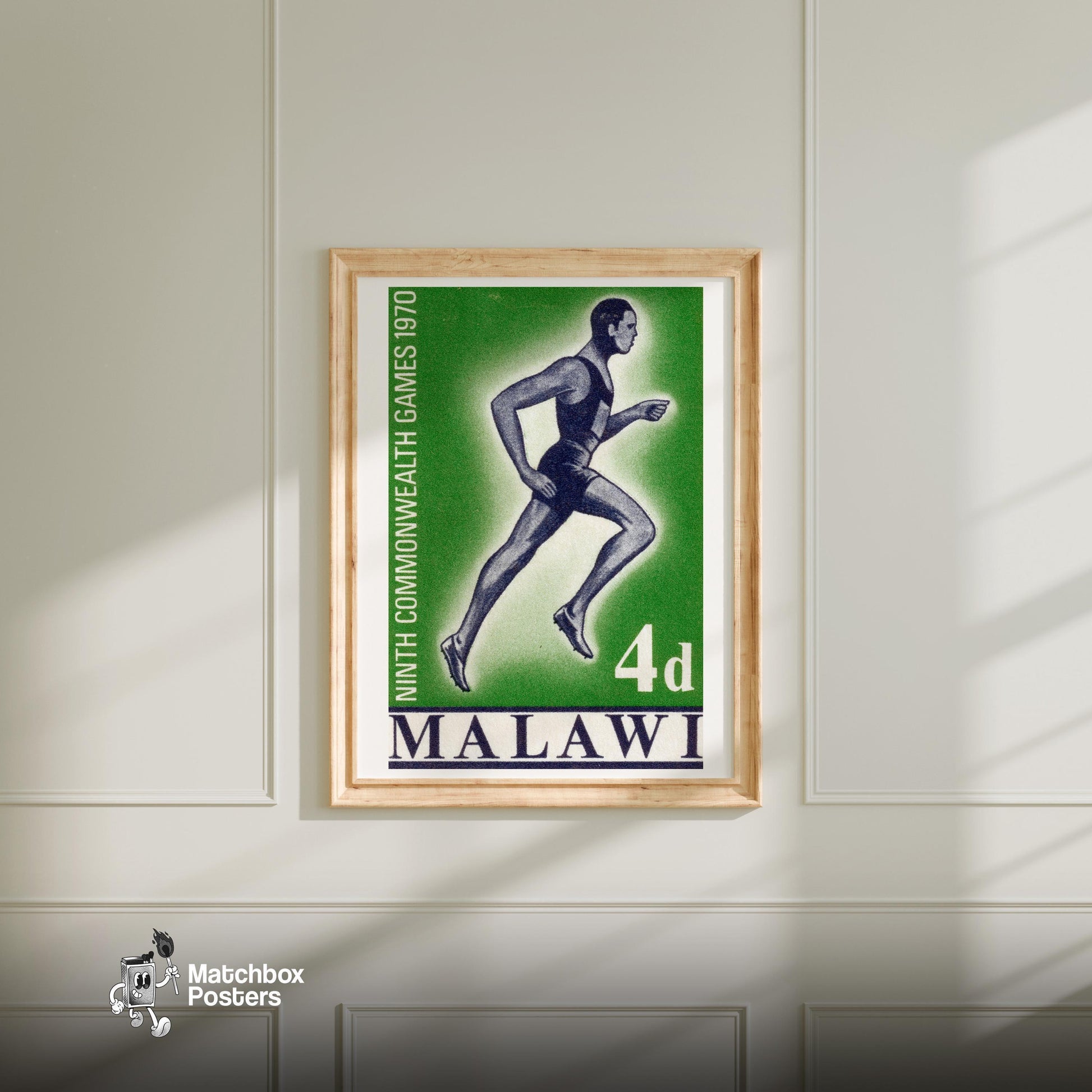 Running Athlete - vintage matchbox label print - bedroom mockup