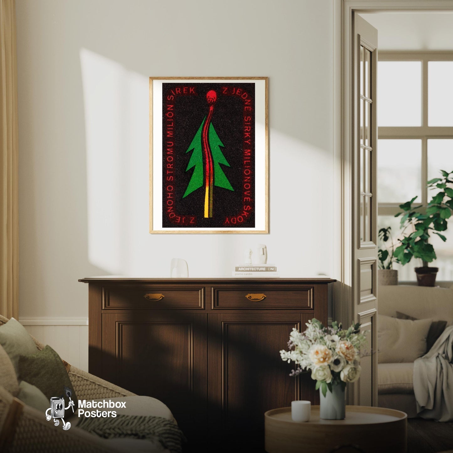 Green Tree - vintage matchbox label print - living room mockup