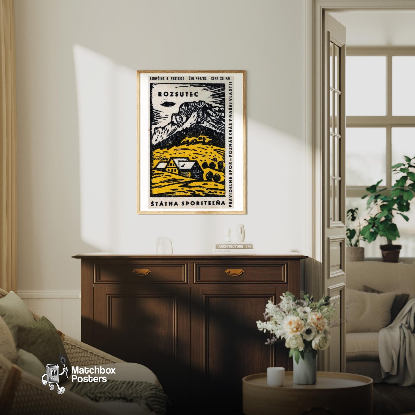 Yellow Cabin - vintage matchbox label print - living room mockup
