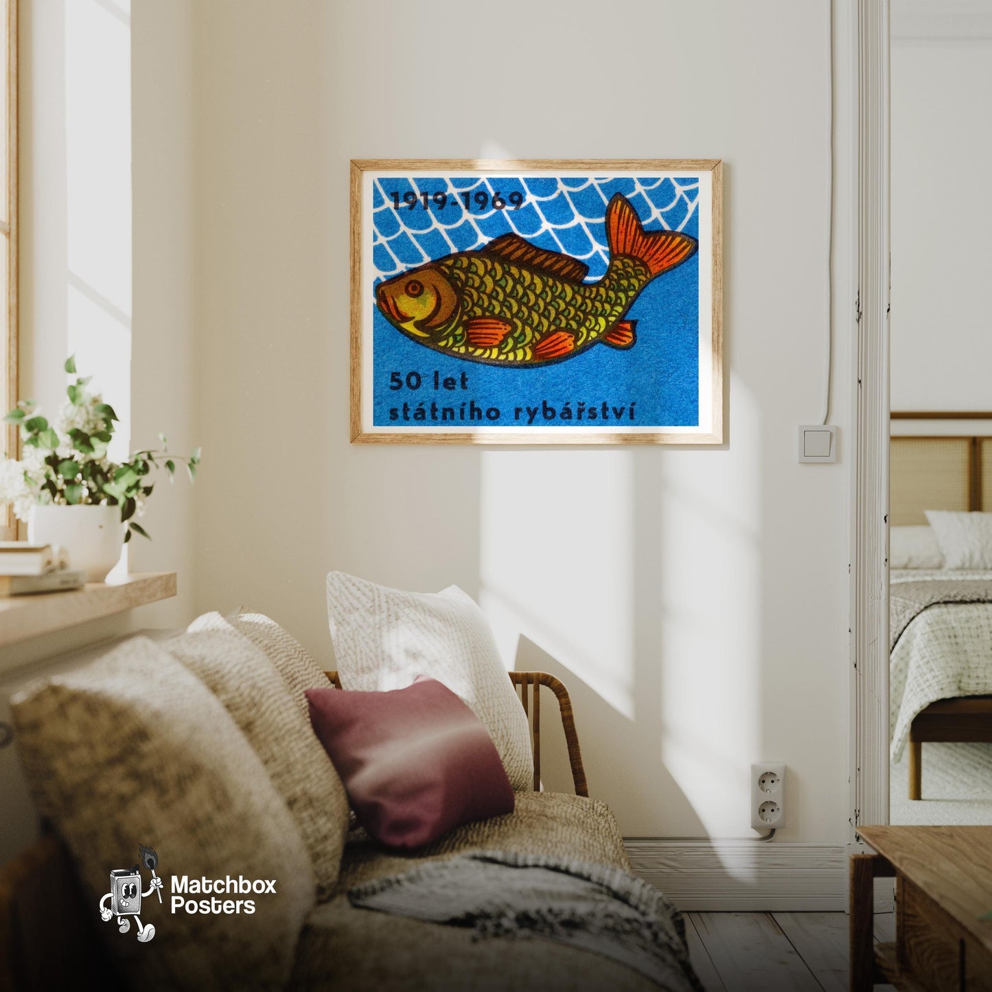 Fish - vintage matchbox label print - living room mockup