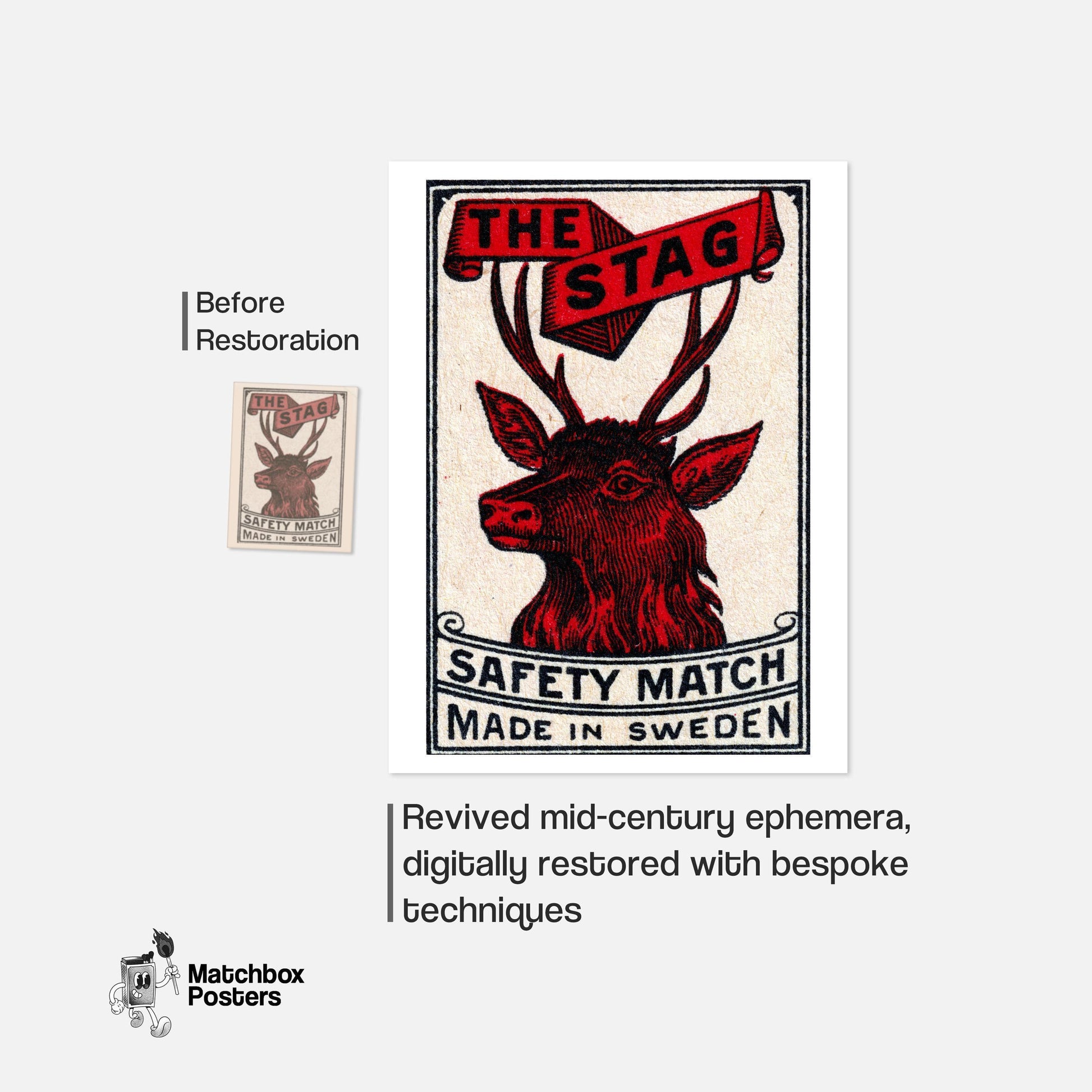 Red Stag - vintage matchbox label print - framed wall art preview