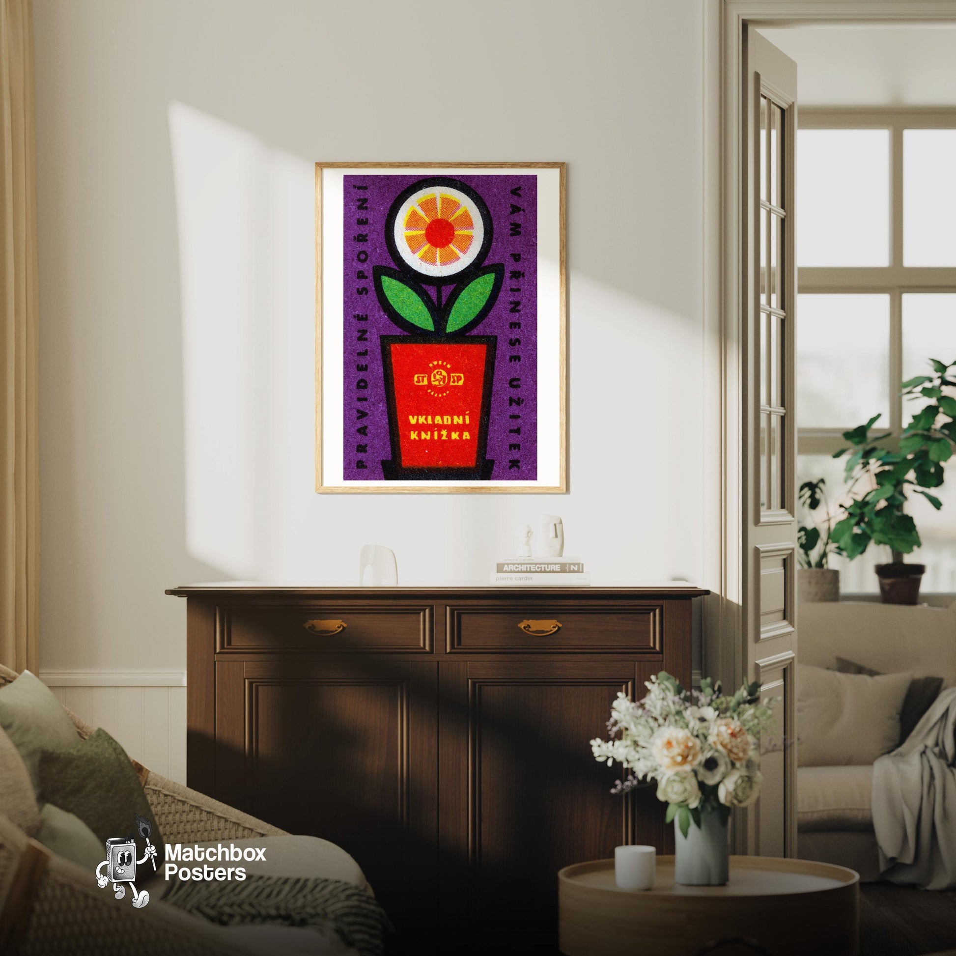 Orange Flower - vintage matchbox label print - living room mockup