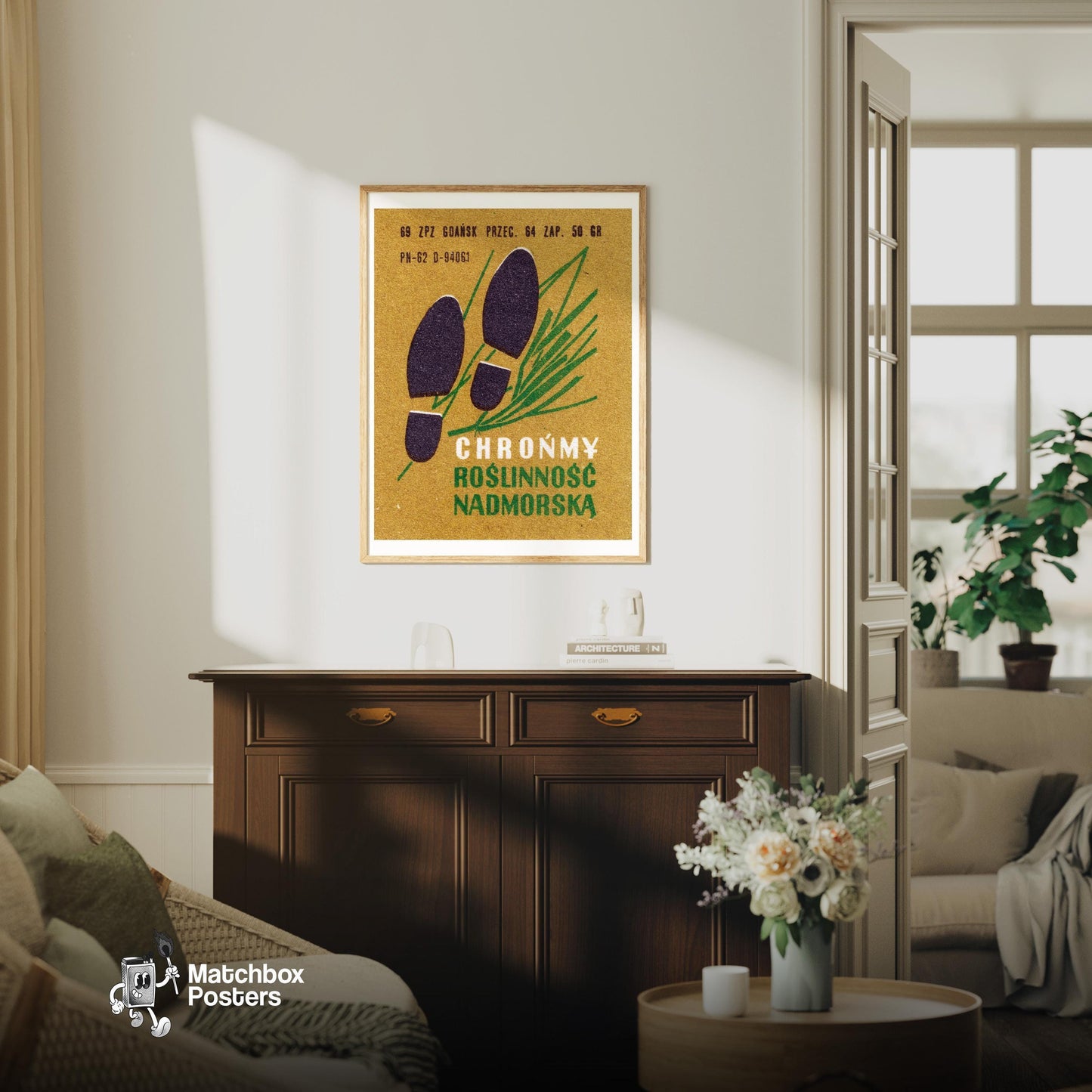 Protect Coastal Vegetation - vintage matchbox label print - living room mockup