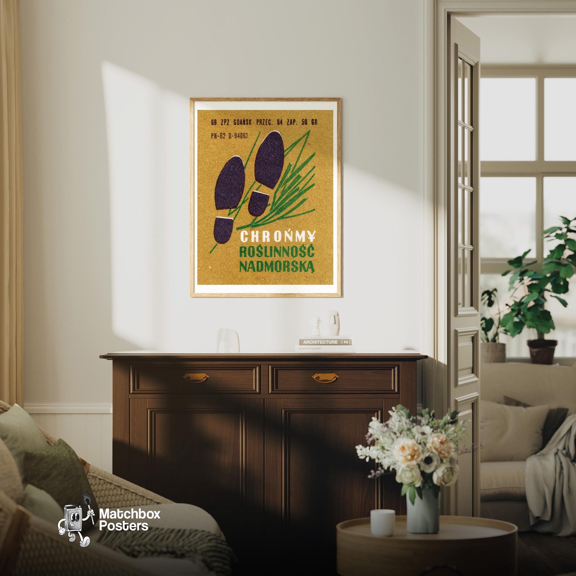 Protect Coastal Vegetation - vintage matchbox label print - living room mockup