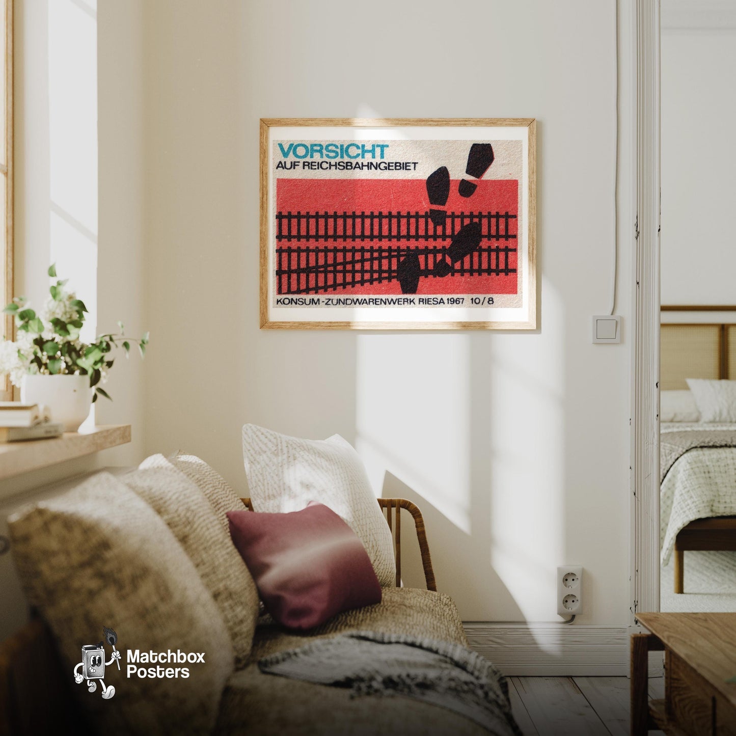 Train Tracks - vintage matchbox label print - living room mockup