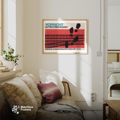 Train Tracks - vintage matchbox label print - living room mockup