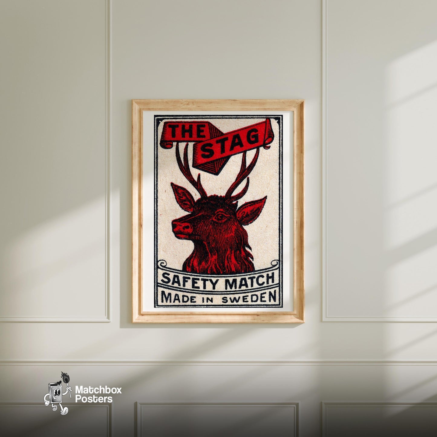 Red Stag - vintage matchbox label print - bedroom mockup