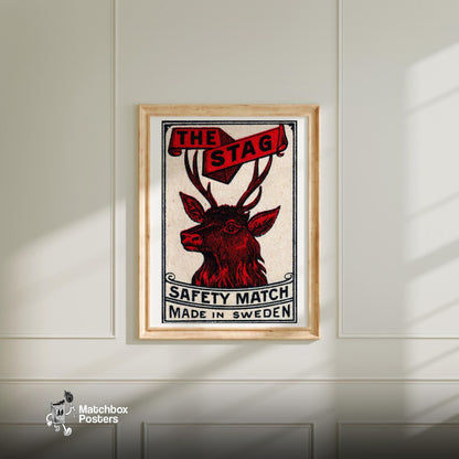 Red Stag - vintage matchbox label print - bedroom mockup