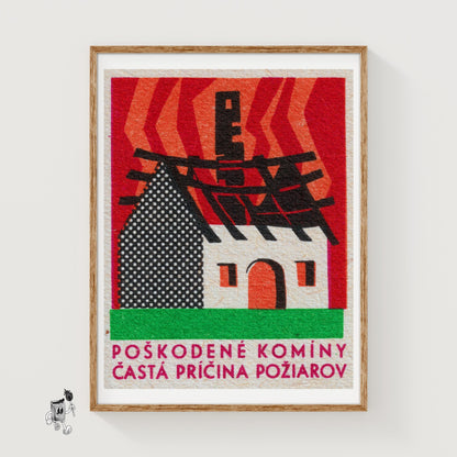 Burning House - vintage matchbox label print