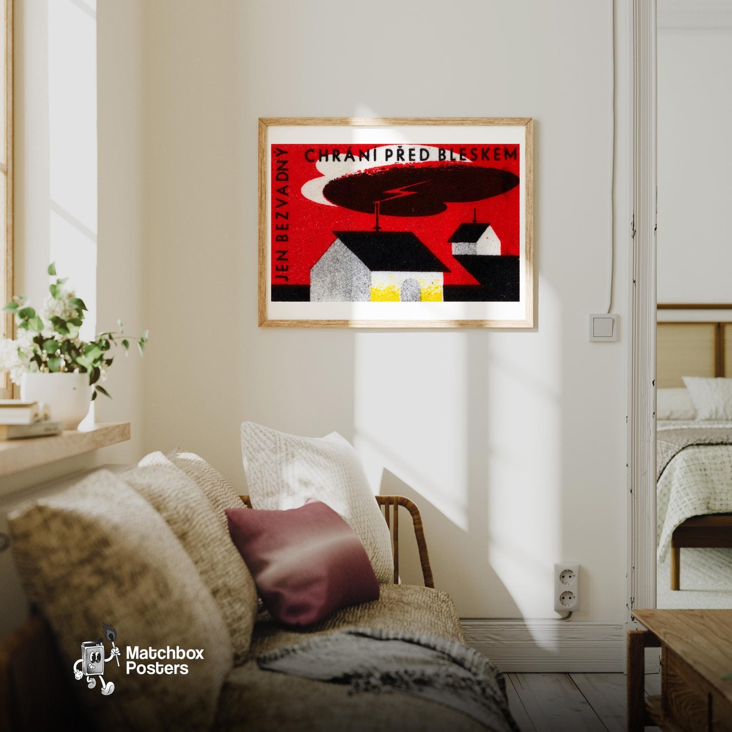 Lightning Strike - vintage matchbox label print - living room mockup