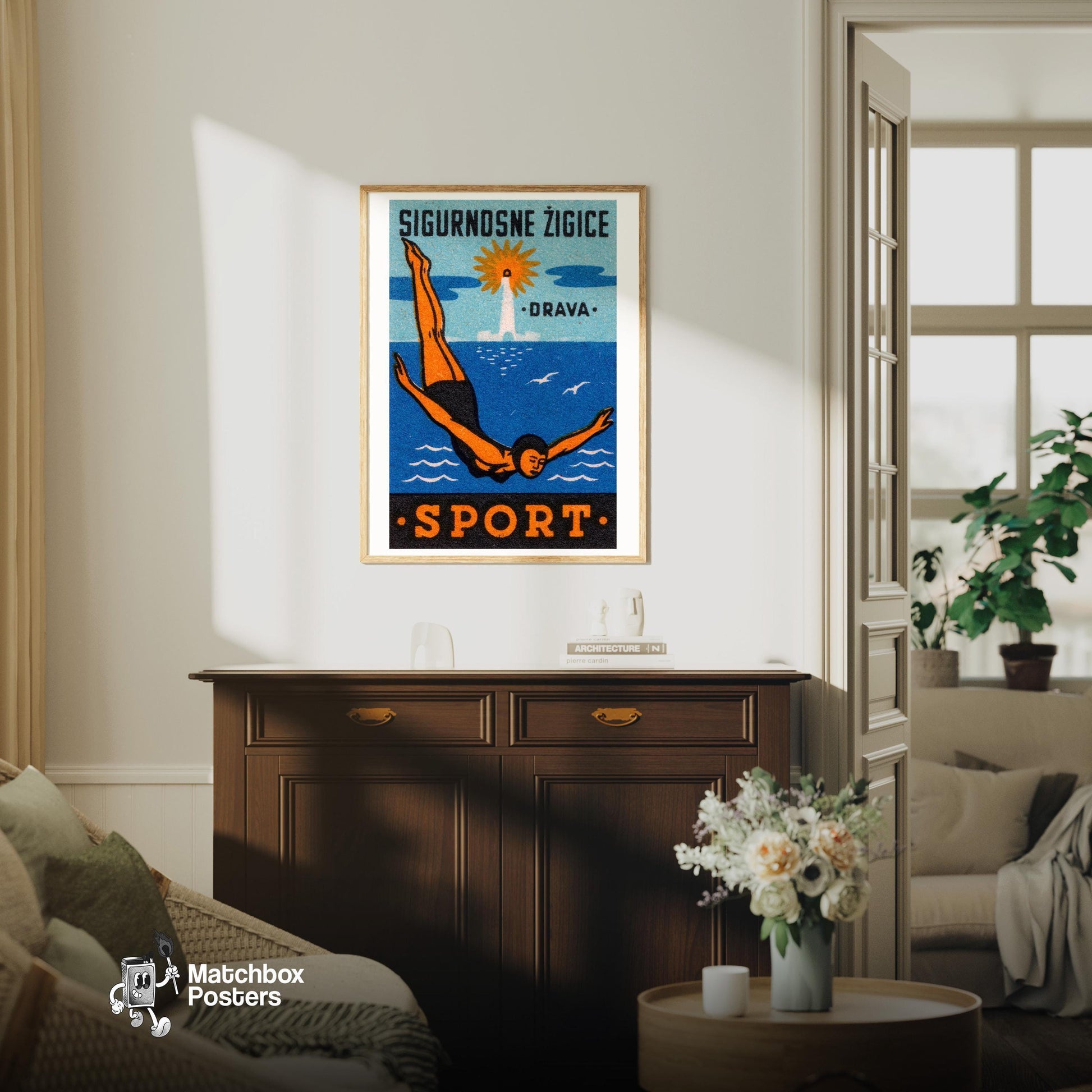 Diver - vintage matchbox label print - living room mockup