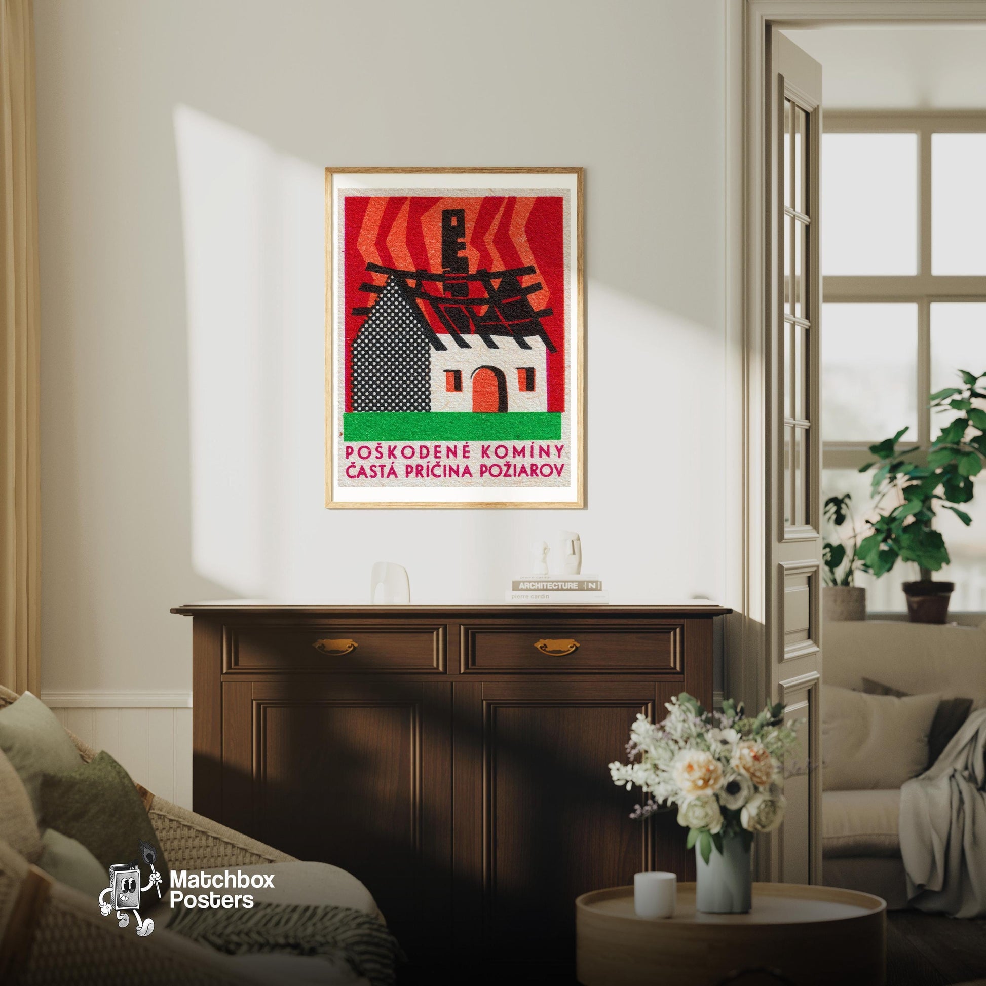 Burning House - vintage matchbox label print - living room mockup